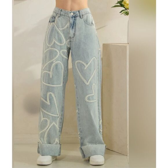 Oli & Hali Washed Hearts Straight Leg Jeans Size L - Picture 3 of 8